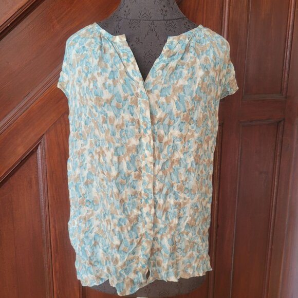 Talbots Womens 100% Silk Blouse Size 16 Aqua & Beige Abstract Print - Picture 1 of 7